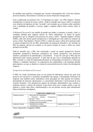 de medidas mais genérico e integrado que vincula o desempenho sob a ótica dos clientes,
processo internos, funcionários e sistemas ao sucesso financeiro alongo prazo.

Com a publicação do primeiro livro “A Estratégia em Ação”, em 1996, Kaplan e Norton
introduziram o conceito de causa e efeito. Pode-se entender que causa e efeito se relaciona
com relações de hipóteses do tipo “se-então”, por exemplo: se os clientes estão satisfeitos
com a qualidade do produto e serviço, então a empresa obterá maior retorno sobre as
vendas.

O Balanced Scorecard é um modelo de gestão que traduz e comunica a missão, visão e a
estratégia adotada pela empresa através de vários indicadores, na forma de quatro
perspectivas que se integram num processo de causa e efeito. Segundo Kaplan e Norton
(2006), cada uma dessas quatro perspectivas é interligada por uma cadeia de relações de
causa e efeito. Para Kaplan e Norton (1997), a cadeia de causa e efeito deve permear todas
as quatro perspectivas de um BSc, identificado um potencial indicador a ser incluído no
BSc da empresa, deverá ser avaliado se ele possui relação de causa e efeito nas várias
perspectivas do BSc.

Pode-se entender que o BSc está estruturado a partir de quatro perspectivas básicas
integradas: perspectiva financeira, perspectiva do cliente, perspectiva dos processos
internos e perspectiva de aprendizado e crescimento. O que faz com que o BSc seja um
diferencial como sistema gerencial? É pelo fato de que com a metodologia aplicada no
BSc, a missão e a visão da organização precisam ser mensuradas em objetivos e metas que
reflitam o verdadeiro interesse e as expectativas dos stakeholders e da estratégia adotada
pela empresa, ou seja, os objetivos e metas do scorecard derivam da visão e da estratégia da
empresa.

Perspectivas do Balanced Scorecard

O BSC foi criado inicialmente para ser um painel de indicadores através do qual seria
possível aos executivos e acionistas acompanhar não apenas o desempenho financeiro da
empresa, mas também outros indicadores como percepção de valor gerado aos clientes,
desempenho de processo operacionais e o crescimento intelectual e motivacional de seus
recursos humanos. Tais perspectivas partem do principio administrativo que avaliam o
ambiente interno e externo da empresa. O que ficou claro com o tempo, porém, é que ele
poderia ir muito além disso, transformando-o em um potente recurso para alinhamento
tático às diretrizes estratégicas.

                                  VARIÁVEIS AMBIENTAIS
Ambiente Interno:    - Motivação dos empregados.                    Capital ou Ativo intangível
                     -    Processos     internos:    Treinamento,
                     educação e saúde.
                     - Produtos e serviços de alta qualidade.
                     - Pesquisa de novos produtos.
Ambiente Externo     - Satisfação dos clientes.                     Capital ou Ativo intangível
                     - Atendimento à comunidade.
Fonte: Figueiredo e Caggiano (2006).




Controladoria                                                                                     78
 