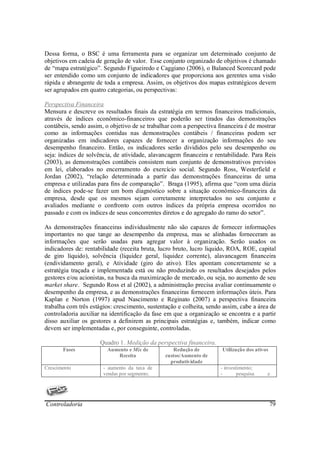 Dessa forma, o BSC é uma ferramenta para se organizar um determinado conjunto de
objetivos em cadeia de geração de valor. Esse conjunto organizado de objetivos é chamado
de “mapa estratégico”. Segundo Figueiredo e Caggiano (2006), o Balanced Scorecard pode
ser entendido como um conjunto de indicadores que proporciona aos gerentes uma visão
rápida e abrangente de toda a empresa. Assim, os objetivos dos mapas estratégicos devem
ser agrupados em quatro categorias, ou perspectivas:

Perspectiva Financeira
Mensura e descreve os resultados finais da estratégia em termos financeiros tradicionais,
através de índices econômico-financeiros que poderão ser tirados das demonstrações
contábeis, sendo assim, o objetivo de se trabalhar com a perspectiva financeira é de mostrar
como as informações contidas nas demonstrações contábeis / financeiras podem ser
organizadas em indicadores capazes de fornecer a organização informações do seu
desempenho financeiro. Então, os indicadores serão divididos pelo seu desempenho ou
seja: índices de solvência, de atividade, alavancagem financeira e rentabilidade. Para Reis
(2003), as demonstrações contábeis consistem num conjunto de demonstrativos previstos
em lei, elaborados no encerramento do exercício social. Segundo Ross, Westerfield e
Jordan (2002), “relação determinada a partir das demonstrações financeiras de uma
empresa e utilizadas para fins de comparação”. Braga (1995), afirma que “com uma dúzia
de índices pode-se fazer um bom diagnóstico sobre a situação econômico-financeira da
empresa, desde que os mesmos sejam corretamente interpretados no seu conjunto e
avaliados mediante o confronto com outros índices da própria empresa ocorridos no
passado e com os índices de seus concorrentes diretos e do agregado do ramo do setor”.

As demonstrações financeiras individualmente não são capazes de fornecer informações
importantes no que tange ao desempenho da empresa, mas se alinhadas forneceram as
informações que serão usadas para agregar valor à organização. Serão usados os
indicadores de: rentabilidade (receita bruta, lucro bruto, lucro liquido, ROA, ROE, capital
de giro líquido), solvência (liquidez geral, liquidez corrente), alavancagem financeira
(endividamento geral), e Atividade (giro do ativo). Eles apontam concretamente se a
estratégia traçada e implementada está ou não produzindo os resultados desejados pelos
gestores e/ou acionistas, na busca da maximização de mercado, ou seja, no aumento de seu
market share. Segundo Ross et al (2002), a administração precisa avaliar continuamente o
desempenho da empresa, e as demonstrações financeiras fornecem informações úteis. Para
Kaplan e Norton (1997) apud Nascimento e Reginato (2007) a perspectiva financeira
trabalha com três estágios: crescimento, sustentação e colheita, sendo assim, cabe a área de
controladoria auxiliar na identificação da fase em que a organização se encontra e a partir
disso auxiliar os gestores a definirem as principais estratégias e, também, indicar como
devem ser implementadas e, por conseguinte, controladas.

                      Quadro 1. Medição da perspectiva financeira.
       Fases            Aumento e Mix de           Redução de         Utilização dos ativos
                           Receita              custos/Aumento de
                                                  produtividade
Crescimento            - aumento da taxa de                           - investimento;
                       vendas por segmento;                           -       pesquisa    e




Controladoria                                                                                 79
 