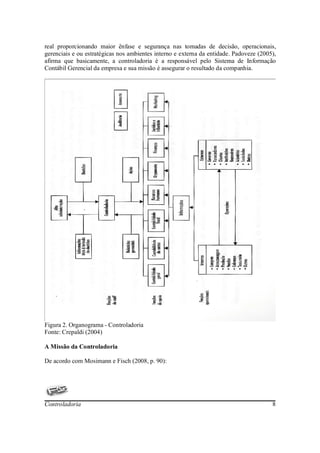 real proporcionando maior ênfase e segurança nas tomadas de decisão, operacionais,
gerenciais e ou estratégicas nos ambientes interno e externa da entidade. Padoveze (2005),
afirma que basicamente, a controladoria é a responsável pelo Sistema de Informação
Contábil Gerencial da empresa e sua missão é assegurar o resultado da companhia.




Figura 2. Organograma - Controladoria
Fonte: Crepaldi (2004)

A Missão da Controladoria

De acordo com Mosimann e Fisch (2008, p. 90):




Controladoria                                                                           8
 