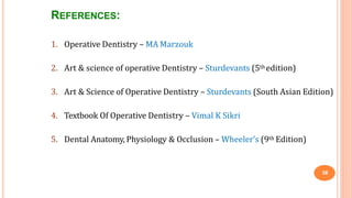 REFERENCES:
58
1. Operative Dentistry – MA Marzouk
2. Art & science of operative Dentistry – Sturdevants (5th edition)
3. Art & Science of Operative Dentistry – Sturdevants (South Asian Edition)
4. Textbook Of Operative Dentistry – Vimal K Sikri
5. Dental Anatomy, Physiology & Occlusion – Wheeler’s (9th Edition)
 