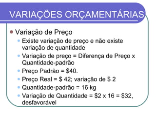 VARIAÇÕES ORÇAMENTÁRIAS Variação de Preço Existe variação de preço e não existe variação de quantidade Variação de preço = Diferença de Preço x Quantidade-padrão Preço Padrão = $40. Preço Real = $ 42; variação de $ 2 Quantidade-padrão = 16 kg Variação de Quantidade = $2 x 16 = $32, desfavorável 