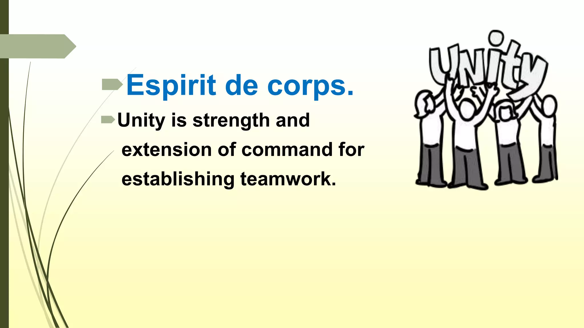 Espirit de corps.
Unity is strength and
extension of command for
establishing teamwork.
 