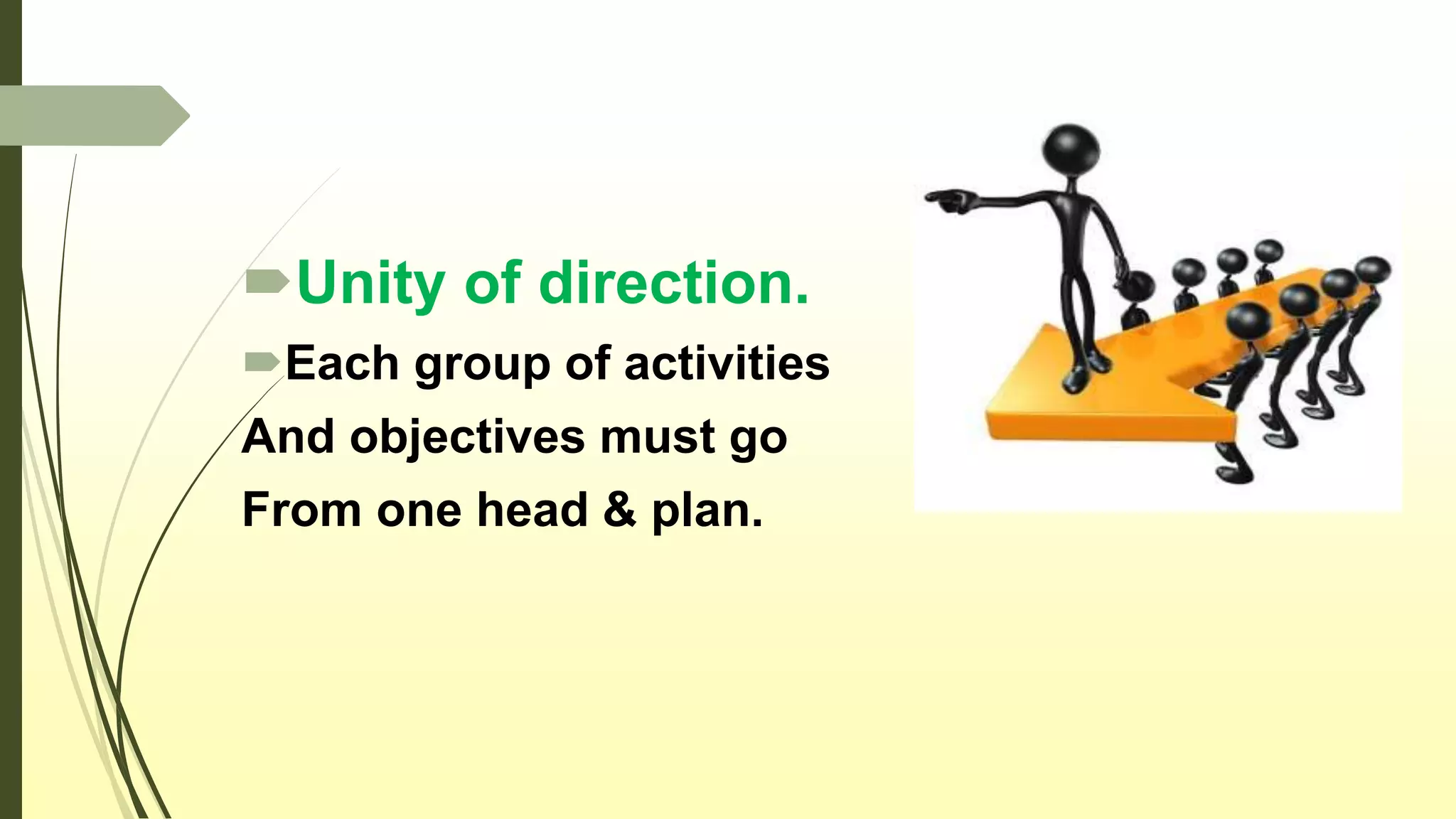 Unity of direction.
Each group of activities
And objectives must go
From one head & plan.
 