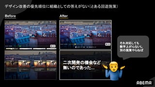 デザイン改善の優先順位に組織としての答えがない（とある回遊施策）
二次開発の機会など
無いのであった...
AfterBefore
それ対応しても
数字上がんないし
別の施策やらねば
 