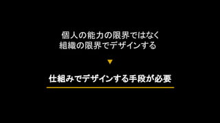 個人の能力の限界ではなく
組織の限界でデザインするaa
仕組みでデザインする手段が必要
 