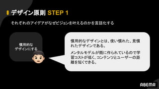 デザイン原則 STEP 1
それぞれのアイデアがなぜビジョンを叶えるのかを言語化する
慣用的な
デザインにする
慣用的なデザインとは、使い慣れた、見慣
れたデザインである。
メンタルモデルが既に作られているので学
習コストが低く、コンテンツとユーザーの距
離を短くできる。
 