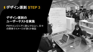 デザイン原則 STEP 3
デザイン原則の
ユーザーテストを実施
PMやエンジニアに読んでもらい、日々
の開発でイメージが湧くか検証
 