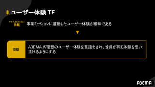 ユーザー体験 TF
事業ミッションに連動したユーザー体験が曖昧である
デザインされていない
問題
ABEMA の理想のユーザー体験を言語化され、全員が同じ体験を思い
描けるようにする
課題
 