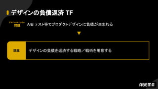 デザインの負債返済 TF
A/B テスト等でプロダクトデザインに負債が生まれる
デザインの負債を返済する戦略／戦術を用意する課題
デザインされていない
問題
 