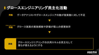 グロースエンジニアリング民主化活動
データアナリストやグロースエンジニアの数が施策数に対して不足
グロースエンジニアリングの汎用スキルを民主化して
誰もが使えるようにする
課題
問題
グロース施策の実施根拠や評価が個人の感覚依存
デザインされていない
問題
 