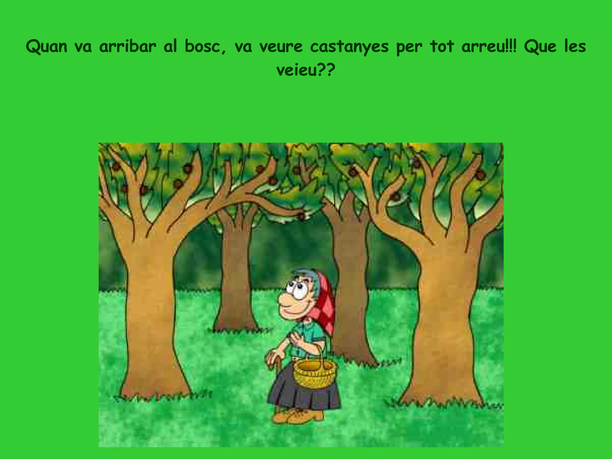 Quan va arribar al bosc, va veure castanyes per tot arreu!!! Que les veieu?? 