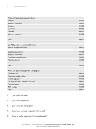 18         Contabilidade Gerencial




 A Cia. ABC possui os seguintes Bens:
 Edifícios                                                                                                 360,00
 Móveis e utensílios                                                                                       180,00
 Veículos                                                                                                  220,00
 Máquinas                                                                                                  800,00
 Terrenos                                                                                                  900,00
 Marcas e patentes                                                                                         300,00

 Total                                                                                                    2.760,00

 Cia. ABC possui os seguintes Direitos:
 Bancos conta movimento                                                                                    700,00

 Duplicatas a receber                                                                                      900,00
 Aluguéis a receber                                                                                        800.00
 Empréstimos a diretores                                                                                   700,00
 Títulos a receber                                                                                         180,00

 Total                                                                                                    3.280,00

 A Cia. ABC possui as seguintes Obrigações:
 Fornecedores                                                                                             1.600,00
 Empréstimos bancários                                                                                      800,00
 Salários a pagar                                                                                           700,00
 Encargos sociais a pagar (FGTS, INSS)                                                                      600,00
 Títulos a pagar                                                                                            200,00
 INSS a pagar                                                                                               900,00
 Total                                                                                                    4.800,00


1.       Qual o total dos Bens?

2.       Qual o total de Direito?

3.       Qual o total das Obrigações?

4.       Como ficou formada a Equação Patrimonial?

5.       Como se soube o valor do Patrimônio Líquido?



                          Esse material é parte integrante do Curso de Atualização do IESDE BRASIL S/A,
                                                 mais informações www.iesde.com.br
 