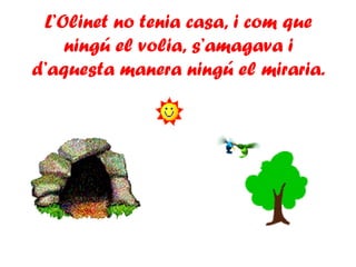 L’Olinet no tenia casa, i com que
ningú el volia, s’amagava i
d’aquesta manera ningú el miraria.
 