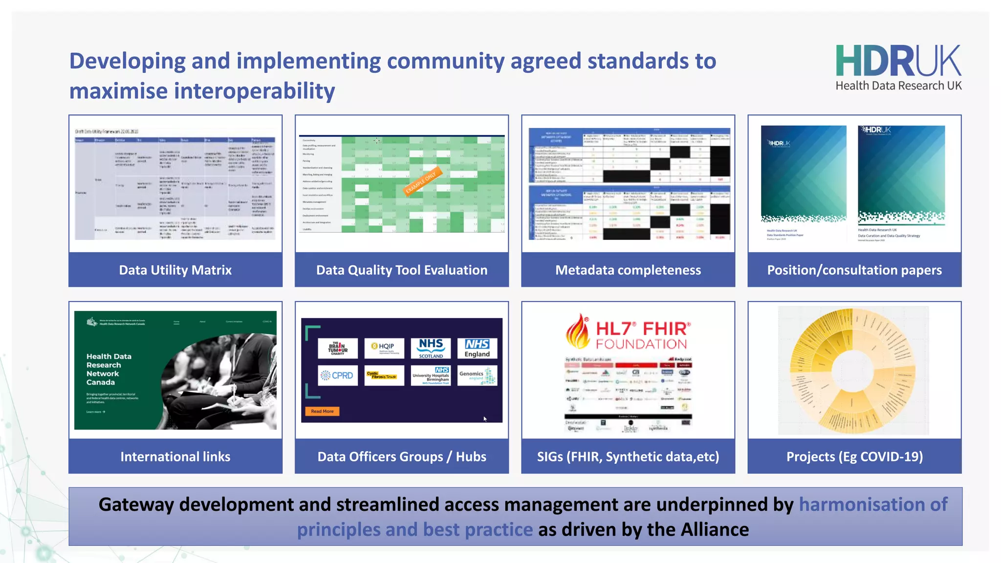 | 18
Data Utility Matrix
International links
Data Quality Tool Evaluation
Data Officers Groups / Hubs
Position/consultation papers
Projects (Eg COVID-19)
Metadata completeness
SIGs (FHIR, Synthetic data,etc)
Gateway development and streamlined access management are underpinned by harmonisation of
principles and best practice as driven by the Alliance
Developing and implementing community agreed standards to
maximise interoperability
 