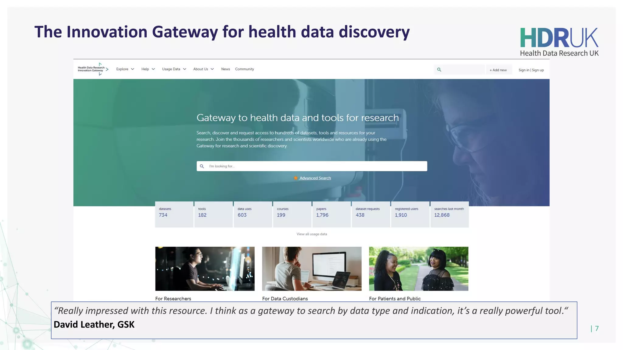 The Innovation Gateway for health data discovery
| 7
“Really impressed with this resource. I think as a gateway to search by data type and indication, it’s a really powerful tool.“
David Leather, GSK
 