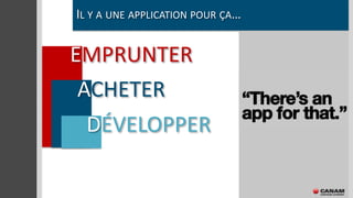 IL Y A UNE APPLICATION POUR ÇA…


EMPRUNTER
 ACHETER
  DÉVELOPPER
 