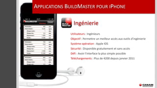 APPLICATIONS BUILDMASTER POUR IPHONE

                Ingénierie
              Utilisateurs : Ingénieurs
              Objectif : Permettre un meilleur accès aux outils d’ingénierie
              Système opération : Apple IOS
              Sécurité : Disponible gratuitement et sans accès
              Défi : Avoir l’interface la plus simple possible
              Téléchargements : Plus de 4200 depuis janvier 2011
 