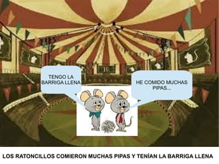 LOS RATONCILLOS COMIERON MUCHAS PIPAS Y TENÍAN LA BARRIGA LLENA
HE COMIDO MUCHAS
PIPAS...
TENGO LA
BARRIGA LLENA
 