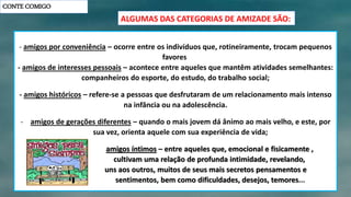 CONTE COMIGO
- amigos por conveniência – ocorre entre os indivíduos que, rotineiramente, trocam pequenos
favores
- amigos de interesses pessoais – acontece entre aqueles que mantêm atividades semelhantes:
companheiros do esporte, do estudo, do trabalho social;
- amigos históricos – refere-se a pessoas que desfrutaram de um relacionamento mais intenso
na infância ou na adolescência.
- amigos de gerações diferentes – quando o mais jovem dá ânimo ao mais velho, e este, por
sua vez, orienta aquele com sua experiência de vida;
- amigos íntimos – entre aqueles que, emocional e fisicamente ,
cultivam uma relação de profunda intimidade, revelando,
uns aos outros, muitos de seus mais secretos pensamentos e
sentimentos, bem como dificuldades, desejos, temores...
ALGUMAS DAS CATEGORIAS DE AMIZADE SÃO:
 