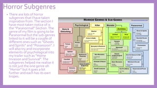 Horror Subgenres
• There are lots of horror
subgenres that I have taken
inspiration from.The section I
have most taken notice of is
the “Paranormal” Section.The
genre of my film is going to be
Paranormal but the sub-genres
linked to it will be a couple of
different ones such as “Ghosts
and Spirits” and “Possession”. I
will also try and incorporate
elements of psychological into
my trailer such as “Home
Invasion and Survival”.The
subgenres helped me realise it
is not just the one genre oh
“Horror” but it goes a lot
further and each has its own
tropes.
 