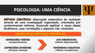 PSICOLOGIA: UMA CIÊNCIA
observação sistemática da realidade
através de uma investigação organizada, orientados por
conhecimentos teóricos, buscando explicar a causa desses
fenômenos, suas correlações e aspectos não-revelados.
EXPRESSÕES VISÍVEIS
(Comportamento)
EXPRESSÕES INVISÍVEIS
(Processos Mentais)
ATO OBSERVÁVEL
(Método Experimental)
FENÔMENO SUBJETIVO
(Método Introspectivo)
 