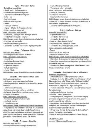 Inglês – Professor: Carlos                  - Segmentos proporcionais
 Conteúdo programático:                                     - Teorema de tales - aplicação
- Simple past – Verbos regulares                            Como o estudante será avaliado:
- Formas interrogativas/negativas                           - Avaliação formativa
- Imperativo – afirmativo/Negativo                          - Exercícios avaliativos
- Let’s – uso                                               - Projeto Interdisciplinar
- Past continuous                                           Habilidades a serem desenvolvidas com os estudantes:
- Palavras interrogativas                                   - Construir retas paralelas cortadas por transversais, e
- textos                                                    utilizar suas propriedades
- Tradução / Versão                                         - Aplicar o teorema de tales em triângulos.
- Cópias – ditados de frases e palavras
- Futuro imediato (going to)                                                P.D.I – Professor: Rodrigo
Como o estudante será avaliado:                             Conteúdo programático:
- Exercícios, Avaliação oral, Avaliação escrita             - Experiências Físicas
- Trabalhos individuais e em grupo                          - Atividades matemáticas
Habilidades a serem desenvolvidas com os estudantes:        - Atividades de xadrez
- Escrita e fala em inglês                                  - Projeto – Questões do SIADE
- reconhecer tempos gramaticais                             - Leitura do Livro Superação Jovem
- Apreender a utilizar o dicionário inglês português        - Atividades do Livro Superação Jovem
                                                            Como o estudante será avaliado:
                Artes – Professora: Meire                   -Testes
Conteúdo programático:                                      - Participação nos projetos
- Cultura popular nas regiões do Brasil                     - Produção em sala de aula
Como o estudante será avaliado:                             Habilidades a serem desenvolvidas com os estudantes:
- Seminários                                                - Habilidade de se comportar desenvolvendo projetos
- Produções cênicas e visuais                               - Identificar conhecimentos que podem ser desenvolvidas
- História em quadrinhos                                    através de projetos
- Expressão corporal                                        - Desenvolver diferentes tipos de conhecimentos como
- Estudo de crônica                                         lógico, matemático e leitura.
- Jornal Falado
Habilidades a serem desenvolvidas com os estudantes:              Português - Professoras: Marta e Elizabeth
                                                            Conteúdo programático:
          Geografia – Professoras: Rita e Glória            - Interpretação de texto/ Literatura/ Leitura
Conteúdo programático:                                      - Produção de texto: Gêneros literários/ Foco narrativo/
- Continente americano: aspectos físicos                    Narração/ Descrição/ Dissertação/ Diálogo/ Paródia/
- Divisão geográfica: América latina e América Anglo-       Poesia/ Poema/ História em Quadrinhos/ Denotação/
saxônica                                                    Conotação/ *Olimpíada de Língua Portuguesa
- América industrializada                                   - Termos essenciais, integrantes e acessórios da oração/
- Países americanos produtores primários                    Período simples
- Países de dependências com base na agricultura            - Análise morfológica e sintática
- Eleições brasileiras                                      - Revisão: Classes gramaticais
Como o estudante será avaliado:                             - Verbos regulares, irregulares e auxiliares/ Tempos
- Exercícios, Mapas, Estudo dirigido                        simples e compostos/ Vozes verbais: ativa, passiva
- Avaliação escrita                                         analítica e sintética, reflexiva
- Trabalho em grupo                                         - Conjunções: coordenativas e subordinativas/ Período
Habilidades a serem desenvolvidas com os estudantes:        composto por coordenação/ Período composto por
- Compreensão dos fenômenos naturais, dos processos         subordinação (orações adverbiais)
geográficos-históricos, da produção tecnológica e           - Ortografia/ Revisão do Novo Acordo Ortográfico/
científica, manifestações socioculturais, colocando-se      Crase/ Pontuação e acentuação
como sujeito, que observa, investiga e critica situações,   - Projeto Interdisciplinar Bimestral – Tema: Eleição
para poder transformar o meio e a si mesmo.
                                                            Mais Informações:
             P.D.II – Professor: Sebastião                  www.cef412samambaia.blogspot.com
Conteúdo programático:
- Retas paralelas – cortadas por transversais
 