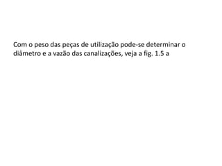 Com o peso das peças de utilização pode-se determinar o
diâmetro e a vazão das canalizações, veja a fig. 1.5 a
 