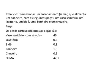 Exercício: Dimensionar um encanamento (ramal) que alimenta
um banheiro, com as seguintes peças: um vaso sanitário, um
lavatório, um bidê, uma banheira e um chuveiro.
Resp.:
Os pesos correspondentes às peças são:
Vaso sanitário (com válvula) 40
Lavatório 0,5
Bidê 0,1
Banheira 1,0
Chuveiro 0,5
SOMA 42,1
 