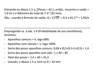 Entrando no ábaco 1.5 a, ∑Pesos = 42,1, então, encontro a vazão =
1,9 l/s e o diâmetro do tubo de 1 ¼” (32 mm).
Obs.: usando a fórmula de vazão: Q = C√.ΣP = 0,3 x 42,10,5 = 1,95l/s
_______________________________________________________
Empregando-se a tab. 1.4 (Probabilidade de uso simultâneo),
teríamos:
- Aparelhos comuns = 4, logo 68%
- Aparelhos com válvula = 1, logo 100%
- Soma dos pesos aparelhos comuns: 0,68 x (0,5+0,1+1+0,5) = 1,4
- Soma dos pesos aparelho com válv.: 1 x 40 = 40
- Total dos pesos = 1,4 + 40 = 41,4
- Usando o ábaco 1.5 a, tem-se D = 32 mm
 