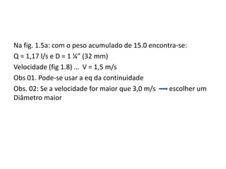 Na fig. 1.5a: com o peso acumulado de 15.0 encontra-se:
Q = 1,17 l/s e D = 1 ¼” (32 mm)
Velocidade (fig 1.8) … V = 1,5 m/s
Obs 01. Pode-se usar a eq da continuidade
Obs. 02: Se a velocidade for maior que 3,0 m/s escolher um
Diâmetro maior
 