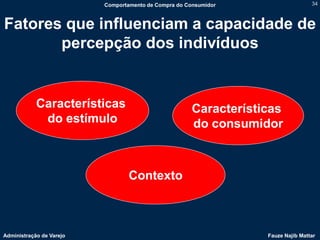 Comportamento de Compra do Consumidor                    34



Fatores que influenciam a capacidade de
       percepção dos indivíduos


            Características                            Características
             do estímulo                               do consumidor



                                  Contexto



Administração de Varejo                                            Fauze Najib Mattar
 
