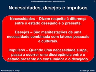 Comportamento de Compra do Consumidor                   40



         Necessidades, desejos e impulsos

           Necessidades – Dizem respeito à diferença
             entre o estado desejado e o presente.

           Desejos – São manifestações de uma
       necessidade combinada com fatores pessoais
                       e culturais.

         Impulsos – Quando uma necessidade surge,
          passa a ocorrer uma discrepância entre o
        estado presente do consumidor e o desejado.

Administração de Varejo                                           Fauze Najib Mattar
 