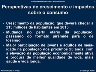 Comportamento de Compra do Consumidor                   44



Perspectivas de crescimento e impactos
           sobre o consumo

     Crescimento da população, que deverá chegar a
      215 milhões de habitantes em 2015.
     Mudança no perfil etário da população,
      passando do formato pirâmide para o de
      losango.
     Maior participação de jovens e adultos de meia-
      idade na população nos próximos 25 anos, com
      a elevação da população economicamente ativa
      e procura de melhor qualidade de vida, mais
      saúde e vida longa.

Administração de Varejo                                           Fauze Najib Mattar
 