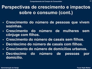 Comportamento de Compra do Consumidor                   46



Perspectivas de crescimento e impactos
       sobre o consumo (cont.)

     Crescimento do número de pessoas que vivem
      sozinhas.
     Crescimento do número de mulheres sem
      cônjuge com filhos.
     Crescimento do número de casais sem filhos.
     Decréscimo do número de casais com filhos.
     Crescimento do número de domicílios urbanos.
     Decréscimo do número de pessoas por
      domicílio.

Administração de Varejo                                           Fauze Najib Mattar
 