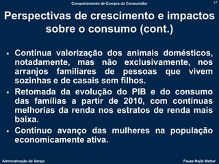 Comportamento de Compra do Consumidor                   47



Perspectivas de crescimento e impactos
       sobre o consumo (cont.)

     Contínua valorização dos animais domésticos,
      notadamente, mas não exclusivamente, nos
      arranjos familiares de pessoas que vivem
      sozinhas e de casais sem filhos.
     Retomada da evolução do PIB e do consumo
      das famílias a partir de 2010, com contínuas
      melhorias da renda nos estratos de renda mais
      baixa.
     Contínuo avanço das mulheres na população
      economicamente ativa.

Administração de Varejo                                           Fauze Najib Mattar
 