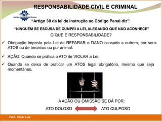Prof.: Paulo Luiz
P L S E G
“Artigo 30 da lei de Instrução ao Código Penal diz”:
“NINGUÉM SE ESCUSA DE CUMPRI A LEI, ALEGANDO QUE NÃO ACONHECE”
O QUE É RESPONSABILIDADE?
 Obrigação imposta pela Lei de REPARAR o DANO causado a outrem, por seus
ATOS ou de terceiros ou por animal.
 AÇÃO: Quando se prática o ATO de VIOLAR a Lei;
 Quando se deixa de praticar um ATOS legal obrigatório, mesmo que seja
momentâneo.
A AÇÃO OU OMISSÃO SE DÁ POR:
ATO DOLOSO ATO CULPOSO
RESPONSABILIDADE CIVIL E CRIMINAL
 