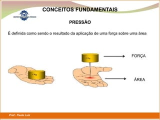 Prof.: Paulo Luiz
P L S E G
CONCEITOS FUNDAMENTAIS
PRESSÃO
É definida como sendo o resultado da aplicação de uma força sobre uma área
FORÇA
ÁREA
 