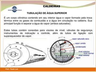 Prof.: Paulo Luiz
P L S E G
CALDEIRAS
TUBULAÇÃO DE ÁGUA SUPERIOR
É um corpo cilíndrico contendo em seu interior água e vapor formado pela troca
térmica entre os gases da combustão e a água em circulação na caldeira. Sua
principal função é separar a água do vapor (ambos saturados).
Estes tubos contém conexões para visores de nível, válvulas de segurança,
instrumentos de indicação e controle, além de tubos de ligação com
superaquecedor de vapor.
 