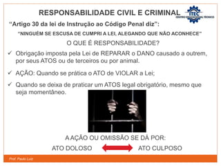 Prof. Paulo Luiz
“Artigo 30 da lei de Instrução ao Código Penal diz”:
“NINGUÉM SE ESCUSA DE CUMPRI A LEI, ALEGANDO QUE NÃO ACONHECE”
O QUE É RESPONSABILIDADE?
 Obrigação imposta pela Lei de REPARAR o DANO causado a outrem,
por seus ATOS ou de terceiros ou por animal.
 AÇÃO: Quando se prática o ATO de VIOLAR a Lei;
 Quando se deixa de praticar um ATOS legal obrigatório, mesmo que
seja momentâneo.
A AÇÃO OU OMISSÃO SE DÁ POR:
ATO DOLOSO ATO CULPOSO
RESPONSABILIDADE CIVIL E CRIMINAL
 