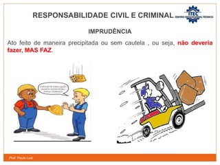 Prof. Paulo Luiz
RESPONSABILIDADE CIVIL E CRIMINAL
IMPRUDÊNCIA
Ato feito de maneira precipitada ou sem cautela , ou seja, não deveria
fazer, MAS FAZ.
 