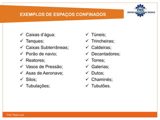 Prof. Paulo Luiz
 Caixas d’água;
 Tanques;
 Caixas Subterrâneas;
 Porão de navio;
 Reatores;
 Vasos de Pressão;
 Asas de Aeronave;
 Silos;
 Tubulações;
 Túneis;
 Trincheiras;
 Caldeiras;
 Decantadores;
 Torres;
 Galerias;
 Dutos;
 Chaminés;
 Tubulões.
EXEMPLOS DE ESPAÇOS CONFINADOS
 