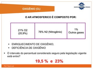 Prof. Paulo Luiz
 ENRIQUECIMENTO DE OXIGÊNIO;
 DEFICIÊNCIA DE OXIGÊNIO
78% N2 (Nitrogênio)
21% O2
(20,9%)
1%
Outros gases
OXIGÊNIO (O2)
 O intervalo do percentual considerado seguro pela legislação vigente
está entre?
19,5 % e 23%
O AR ATMOSFERICO É COMPOSTO POR:
 