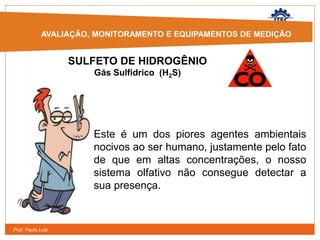 Prof. Paulo Luiz
Este é um dos piores agentes ambientais
nocivos ao ser humano, justamente pelo fato
de que em altas concentrações, o nosso
sistema olfativo não consegue detectar a
sua presença.
AVALIAÇÃO, MONITORAMENTO E
EQUIPAMENTOS DE MEDIÇÃO
AVALIAÇÃO, MONITORAMENTO E EQUIPAMENTOS DE MEDIÇÃO
SULFETO DE HIDROGÊNIO
Gás Sulfídrico (H2S)
 