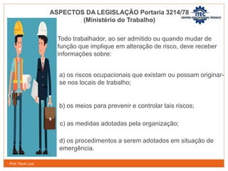 Prof. Paulo Luiz
Todo trabalhador, ao ser admitido ou quando mudar de
função que implique em alteração de risco, deve receber
informações sobre:
a) os riscos ocupacionais que existam ou possam originar-
se nos locais de trabalho;
b) os meios para prevenir e controlar tais riscos;
c) as medidas adotadas pela organização;
d) os procedimentos a serem adotados em situação de
emergência.
ASPECTOS DA LEGISLAÇÃO Portaria 3214/78
(Ministério do Trabalho)
 