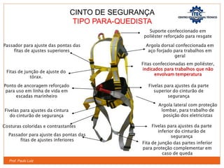 Prof. Paulo Luiz
CINTO DE SEGURANÇA
TIPO PARA-QUEDISTA
Suporte confeccionado em
poliéster reforçado para resgate
Argola dorsal confeccionada em
aço forjado para trabalhos em
geral
Fitas confeccionadas em poliéster,
indicados para trabalhos que não
envolvam temperatura
Fivelas para ajustes da parte
superior do cinturão de
segurança
Fivelas para ajustes da parte
inferior do cinturão de
segurança
Fivelas para ajustes da cintura
do cinturão de segurança
Passador para ajuste das pontas das
fitas de ajustes superiores
Fitas de junção de ajuste do
tórax.
Ponto de ancoragem reforçado
para uso em linha de vida em
escadas marinheiro
Passador para ajuste das pontas das
fitas de ajustes inferiores
Argola lateral com proteção
lombar, para trabalho de
posição dos eletricistas
Costuras coloridas e contrastantes
Fita de junção das partes inferior
para proteção complementar em
caso de queda
 
