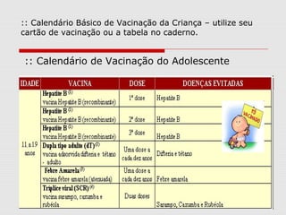 :: Calendário Básico de Vacinação da Criança – utilize seu
cartão de vacinação ou a tabela no caderno.
:: Calendário de Vacinação do Adolescente
 