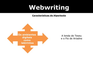 Os ambientes  digitais  como  labirintos Webwriting A lenda de Teseu e o Fio de Ariadne Características do Hipertexto 