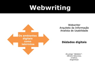 Os ambientes  digitais  como  labirintos Webwriting Webwriter Arquiteto da Informação Analista de Usabilidade Dédados digitais Do grego “dáidalos”:  Obreiro Astucioso, Criativo, Engenhoso 