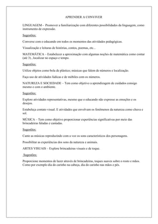 APRENDER A CONVIVER
LINGUAGEM - Promover a familiarização com diferentes possibilidades da línguagem, como
instrumento de expressão.
Sugestões:
Converse com o educando em todos os momentos das atividades pedagógicas.
Visualização e leituras de histórias, contos, poemas, etc...
MATEMÁTICA – Estabelecer a aproximação com algumas noções de matemática como contar
(até 3) , localizar no espaço e tempo.
Sugestões:
Utilize objetos como bola de plástico; músicas que falem de números e localização.
Faça uso de atividades lúdicas e de móbiles com os números.
NATUREZA E SOCIEDADE – Tem como objetivo a aprendizagem de cuidados consigo
mesmo e com o ambiente.
Sugestões:
Explore atividades representativas, mesmo que o educando não expresse as emoções e os
desejos.
Estabeleça contato visual. E atividades que envolvam os fenômenos da natureza como chuva e
sol.
MÚSICA – Tem como objetivo proporcionar experiências significativas por meio das
brincadeiras faladas e cantadas.
Sugestões:
Cante as músicas reproduzindo com a voz os sons característicos dos personagens.
Possibilitar as experiências dos sons da natureza e animais.
ARTES VISUAIS – Explore brincadeiras visuais e de toque.
Sugestões:
Proporcione momentos de lazer através de brincadeiras, toques suaves sobre o rosto e mãos.
Como por exemplo dia do carinho na cabeça, dia do carinho nas mãos e pés.
 