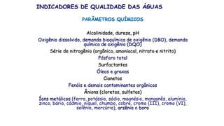 PARÂMETROS QUÍMICOS
Alcalinidade, dureza, pH
Oxigênio dissolvido, demanda bioquímica de oxigênio (DBO), demanda
química de oxigênio (DQO)
Série de nitrogênio (orgânico, amoniacal, nitrato e nitrito)
Fósforo total
Surfactantes
Óleos e graxas
Cianetos
Fenóis e demais contaminantes orgânicos
Ânions (cloretos, sulfetos)
Íons metálicos (ferro, potássio, sódio, magnésio, manganês, alumínio,
zinco, bário, cádmio, níquel, chumbo, cobre, cromo (III), cromo (VI),
selênio, mercúrio), arsênio e boro
INDICADORES DE QUALIDADE DAS ÁGUAS
 